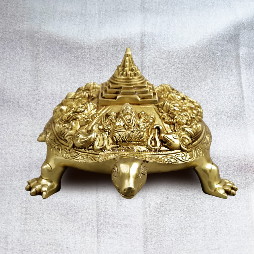 Vastu Shastra brass turtle with Lakshmi carvings for prosperity