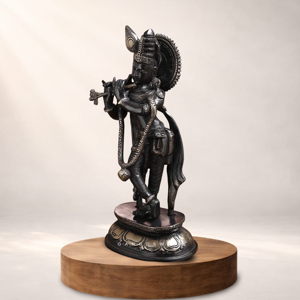 Black Antique Finish Lord Krishna Brass Murti - 11 inches - Image 4