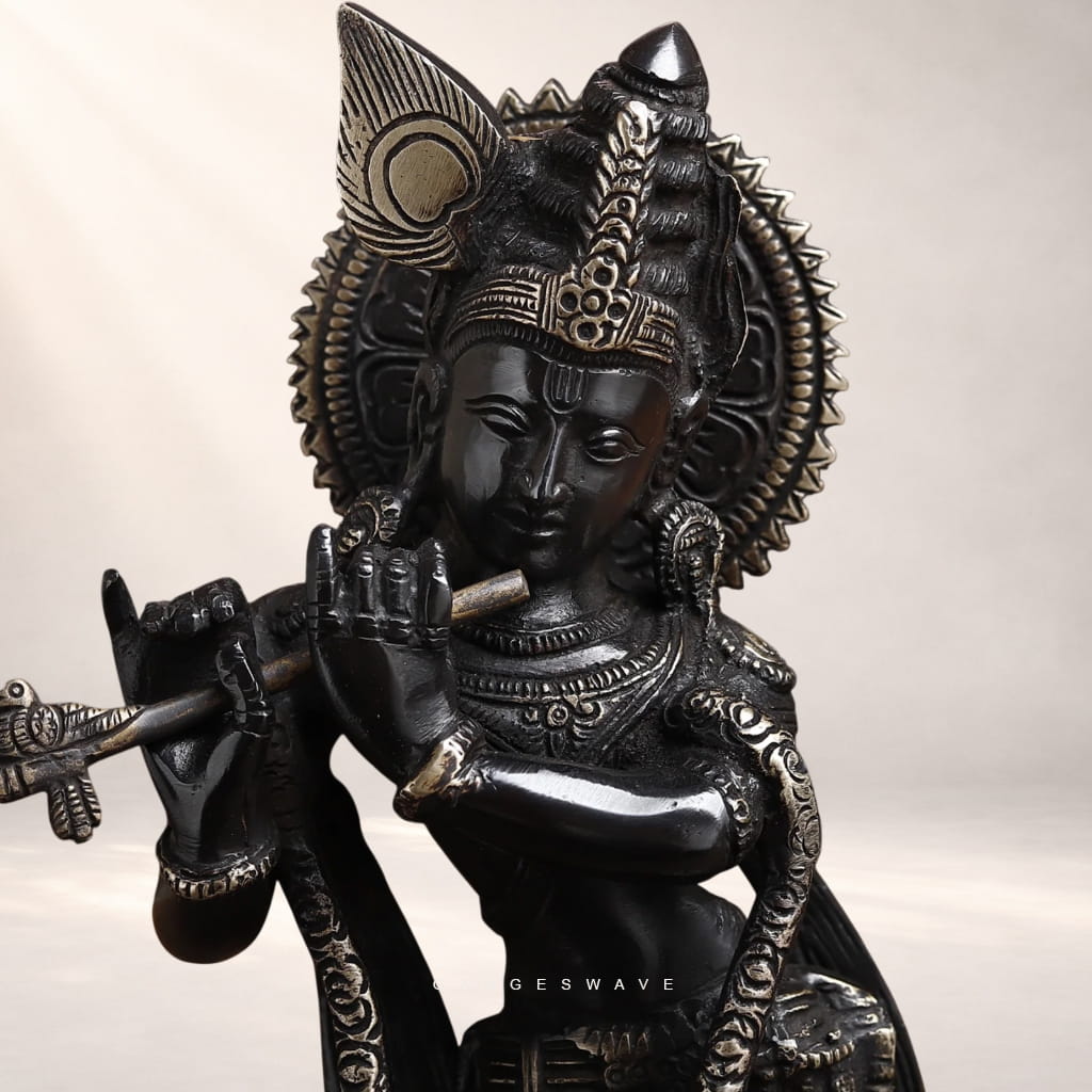 Black Antique Finish Lord Krishna Brass Murti - 11 inches - Image 5