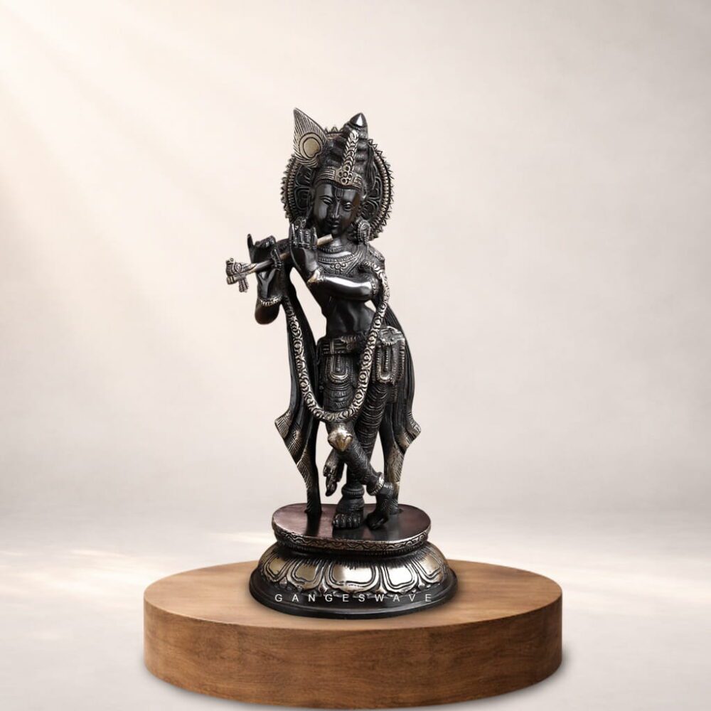 Black antique finish Lord Krishna brass murti playing flute – handcrafted Krishna idol for home temple and décor