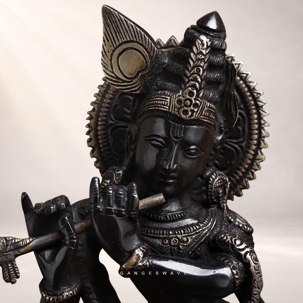 Black Antique Finish Lord Krishna Brass Murti - 11 inches - Image 3