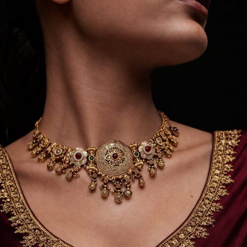 Handcrafted Temple Design Gold-Tone Choker Necklace with Kundan Stones & Bead Drops