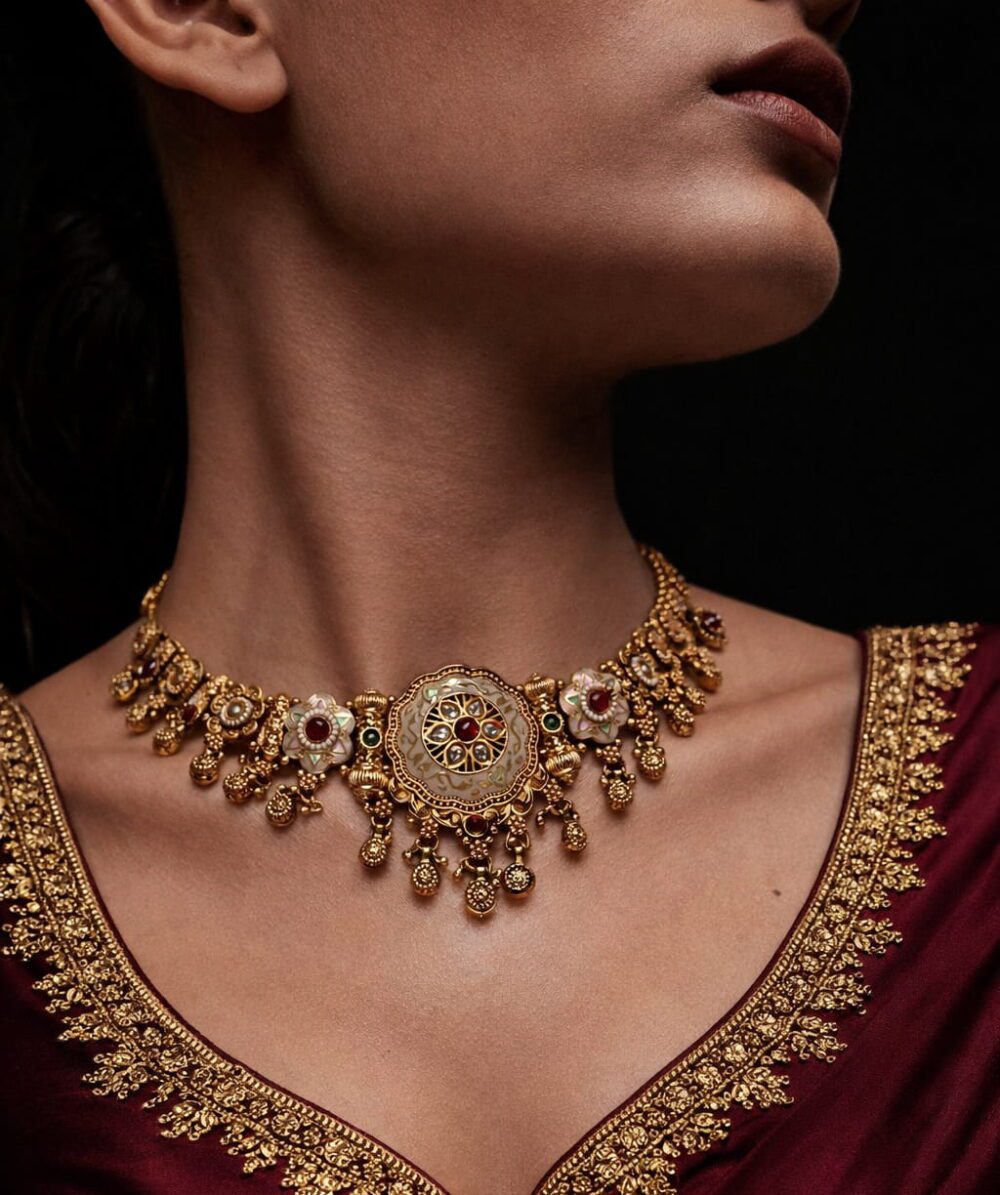 Handcrafted temple design gold tone choker necklace with kundan stones and bead drops on adjustable thread