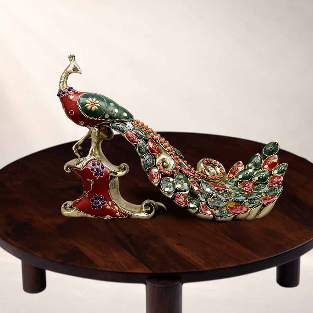 Brass Peacock Statue – Meenakari Decorative Showpiece for Luxury Home Décor - Image 2