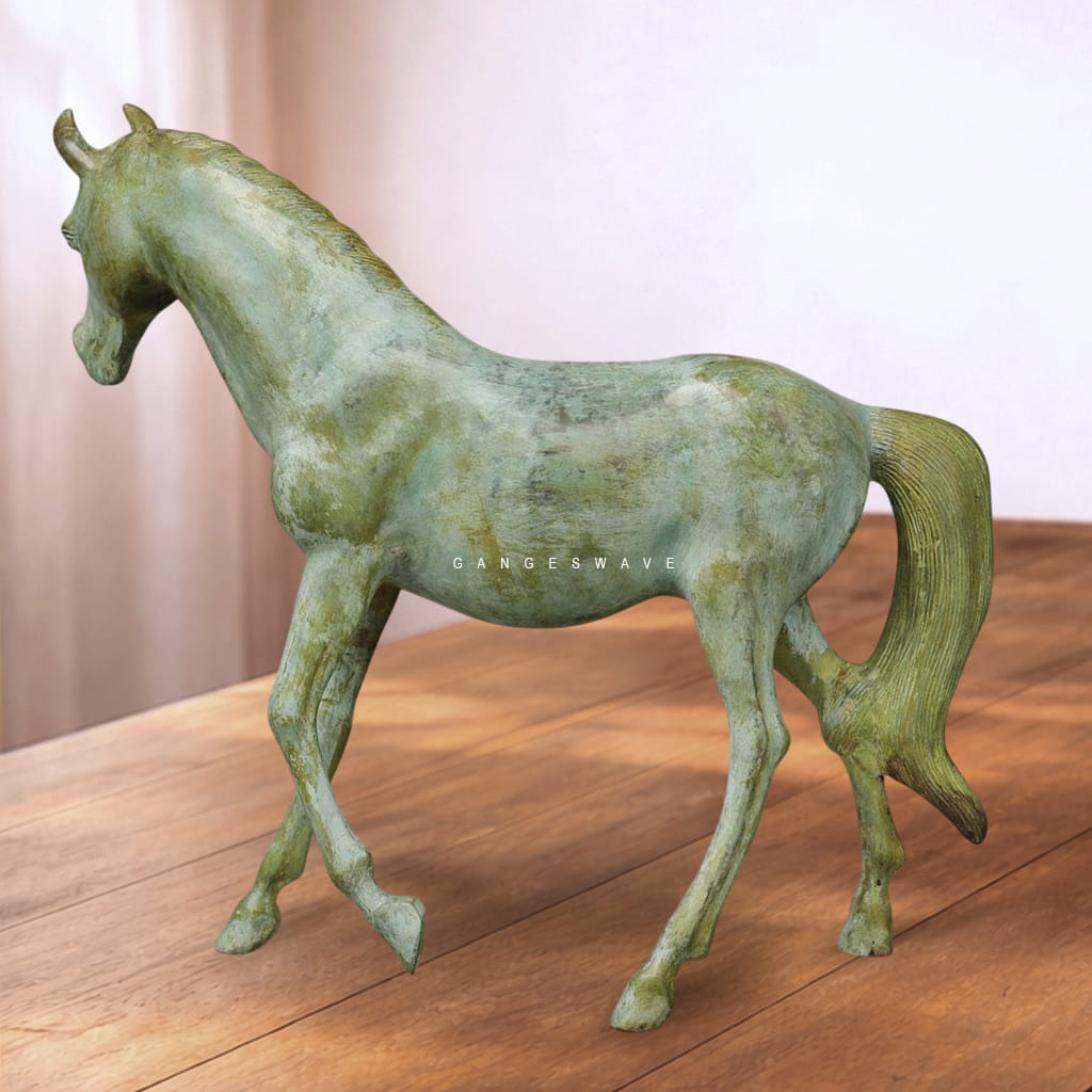 Luxury Handcrafted Brass Horse Statue with Antique Green Patina – Premium Home Décor Artifact - Image 4
