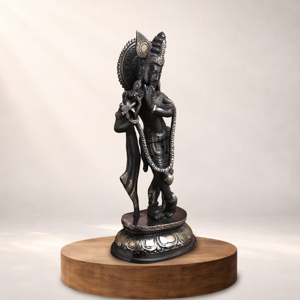 Black Antique Finish Lord Krishna Brass Murti - 11 inches - Image 2