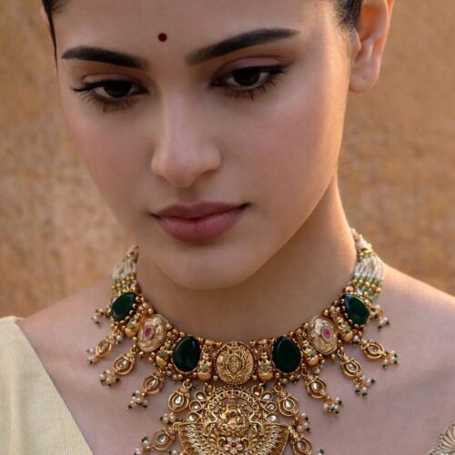 Premium Temple Jewelry Set with Green Stones, Pearl Beads Lakshmiji Pendent