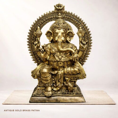 Large Antique Gold Patina Brass Ganesh Statue | Handcrafted Hindu Idol for Home & Temple Decor