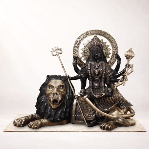 Handcrafted brass Maa Durga idol seated on lion with antique finish