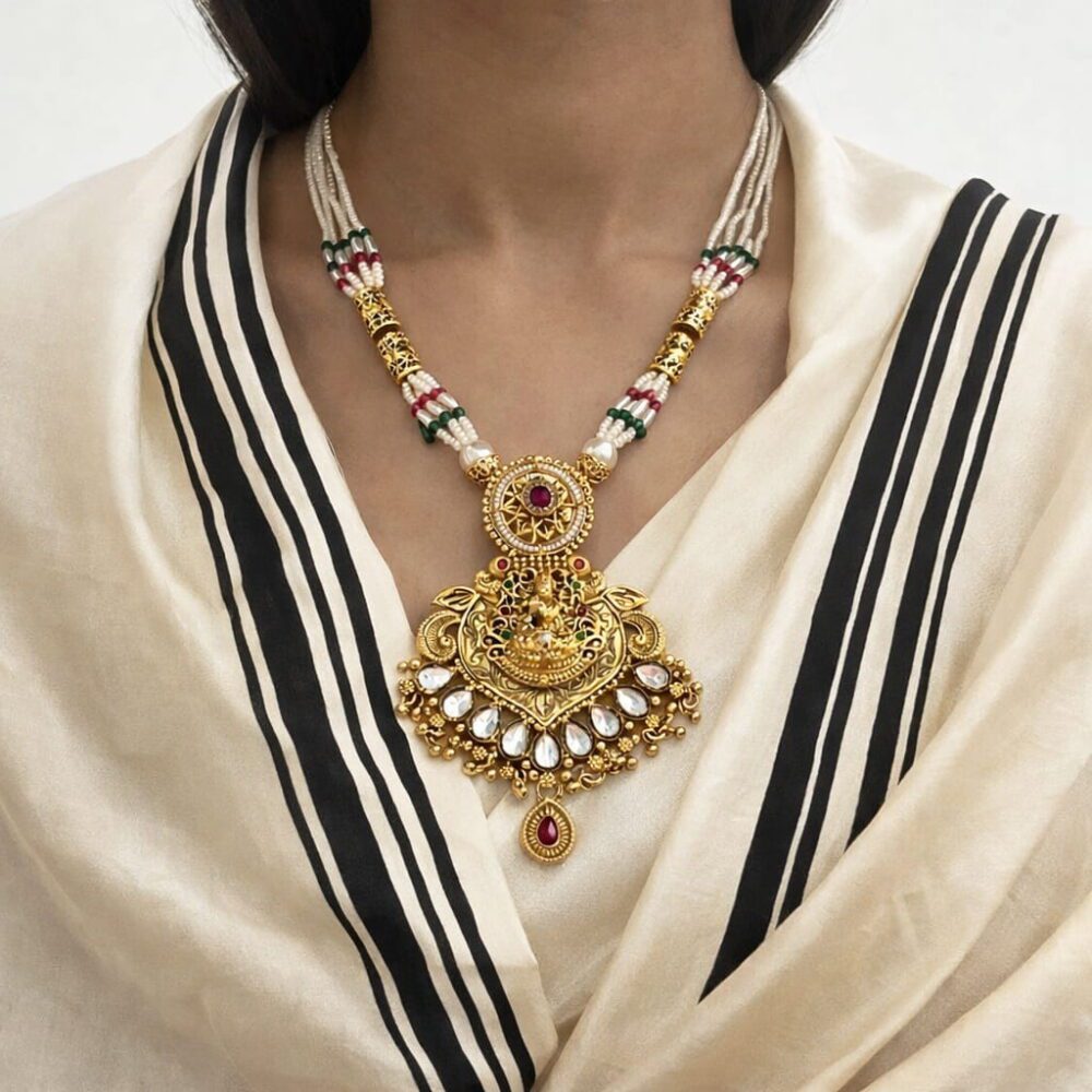 Gold plated temple necklace with pearl beads and kundan pendant for bridal and festive wear