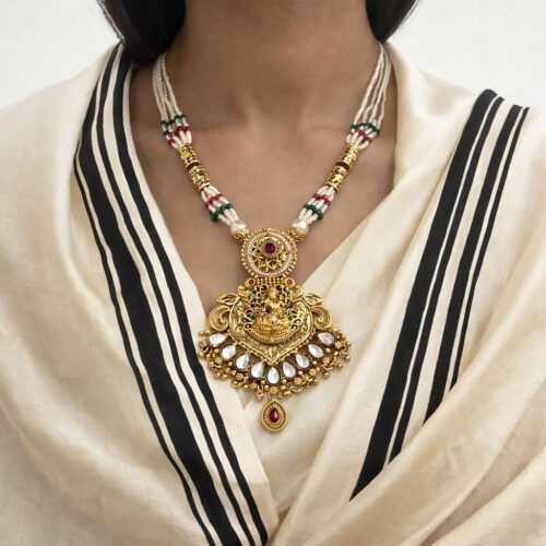 Gold plated temple necklace with pearl beads and kundan pendant for bridal and festive wear