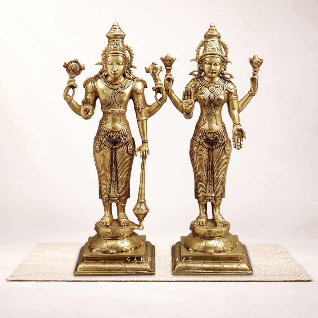 Vishnu Lakshmi Brass Statue on Pedestal - 20 inches