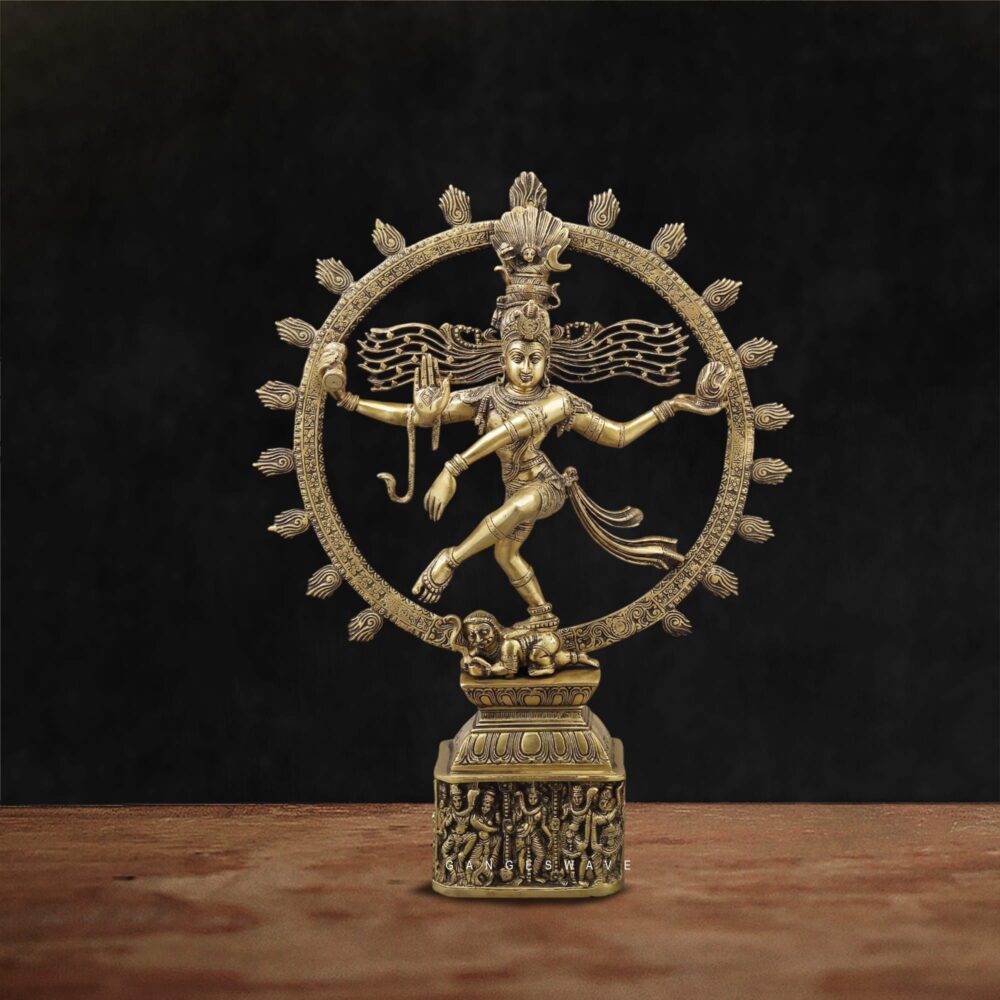 Handcrafted brass Nataraja statue of Lord Shiva with cosmic dance posture and antique gold finish