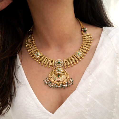Antique Gold Kundan Meenakari Necklace with Pearl & Green Bead Drops