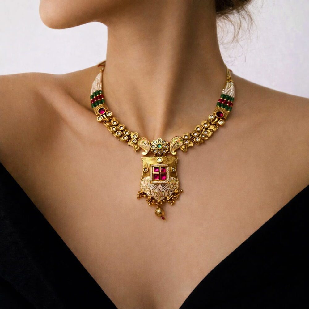 Handcrafted Pearl Kundan Meenakari Pendant Necklace