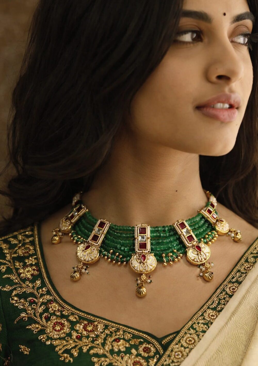 Emerald Green Kundan & Meenakari Bridal Choker Necklace Set