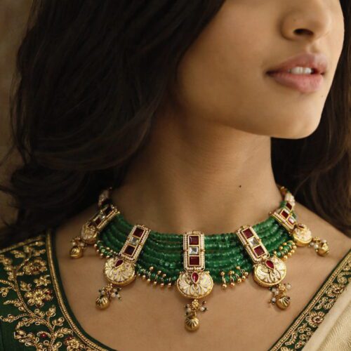 Emerald Green Kundan & Meenakari Bridal Choker Necklace Set