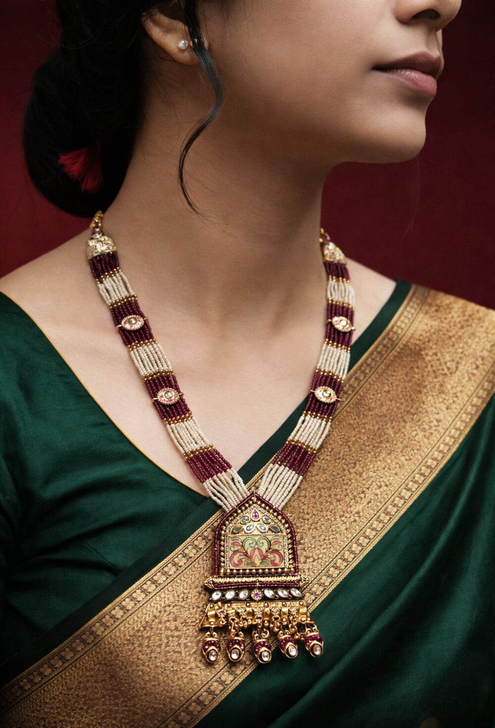 Temple Jewellery Beaded Necklace Set with Jhumka Earrings