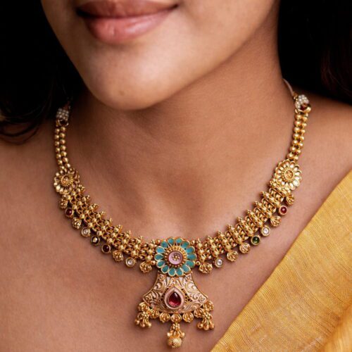 Temple-Inspired Gold-Toned Statement Necklace with Enamel & Kundan Detailing