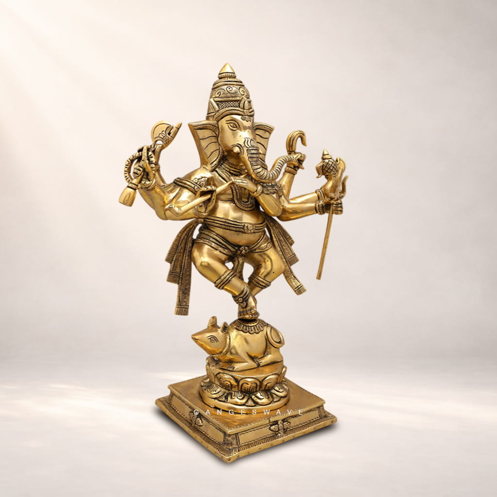 Nritya Ganesh Brass Statue on Mooshak - 18.5 inches - Image 2