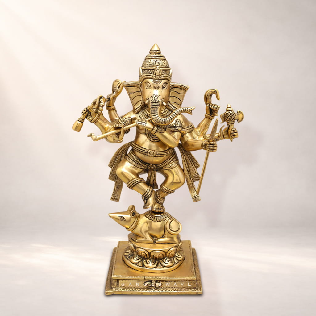Nritya Ganesh Brass Statue on Mooshak - 18.5 inches