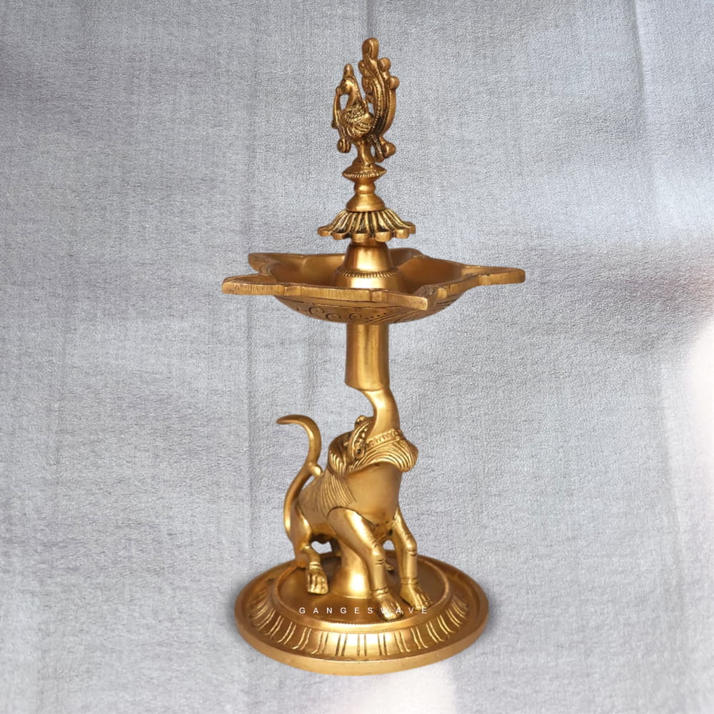 Traditional Brass Peacock Diya with Lion Base