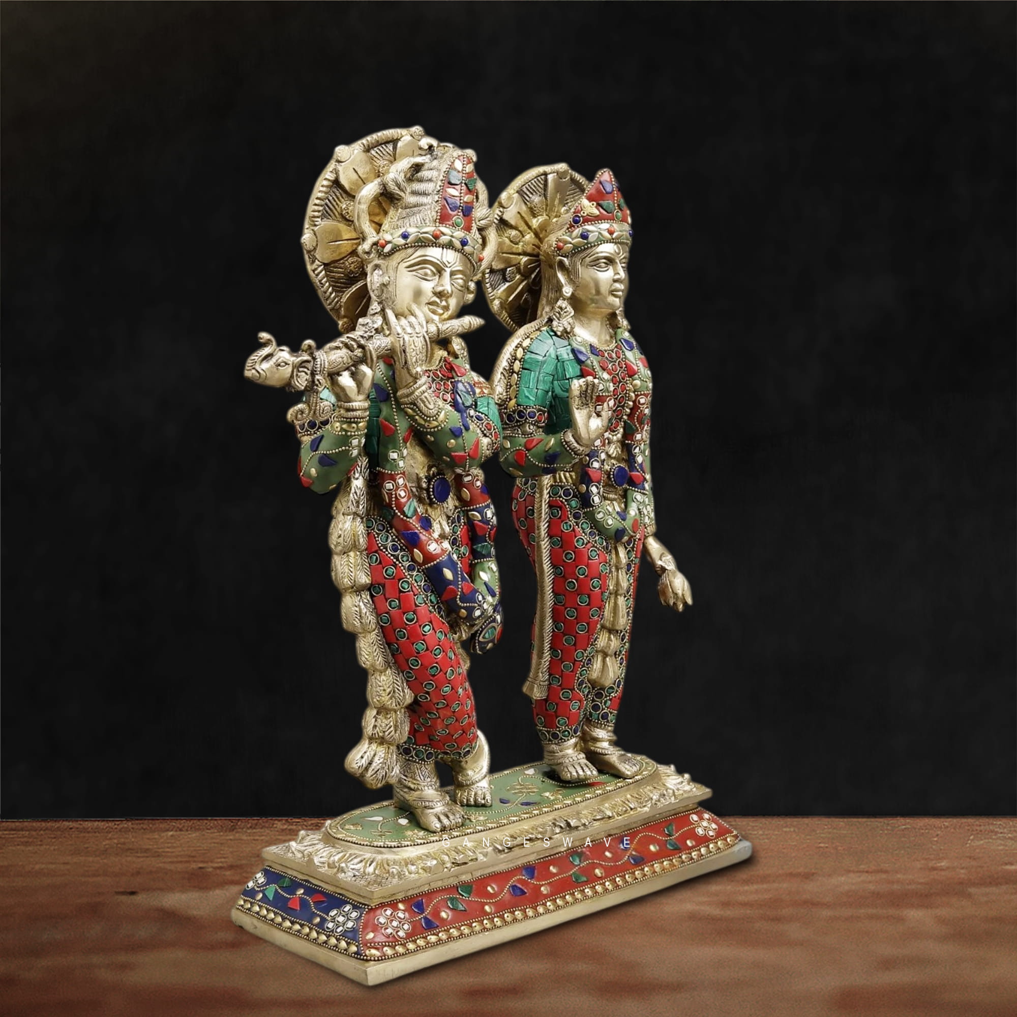 Colorful Brass Radha Krishna Statue – Handcrafted Meenakari Hindu God Idol for Home Temple & Spiritual Décor - Image 2