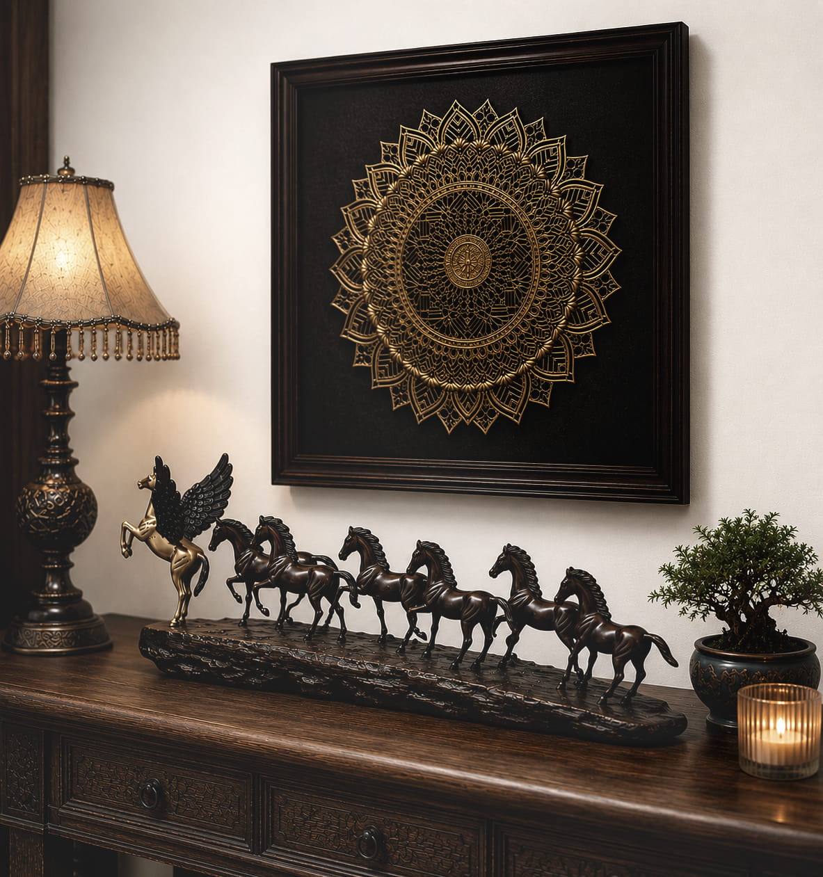 Vintage Finished Seven Horses Brass Table Décor – Handcrafted Luxury Artifact