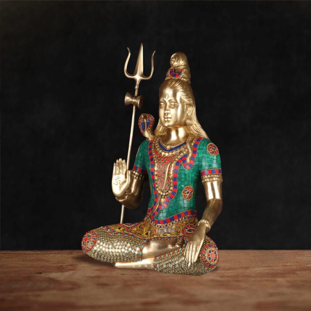 solid brass shiva idol with colorful traditional stone work detailing
