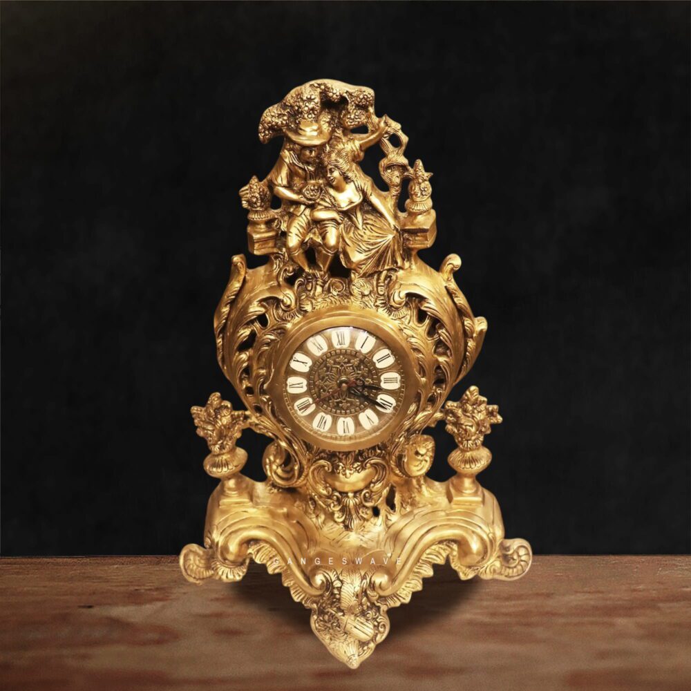 Victorian vintage handcrafted brass mantel clock with antique gold finish and Roman numeral dial