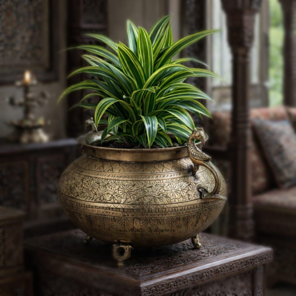 Handcrafted Brass Planter with Engraved Peacock Handles | Vintage Indian Home Décor