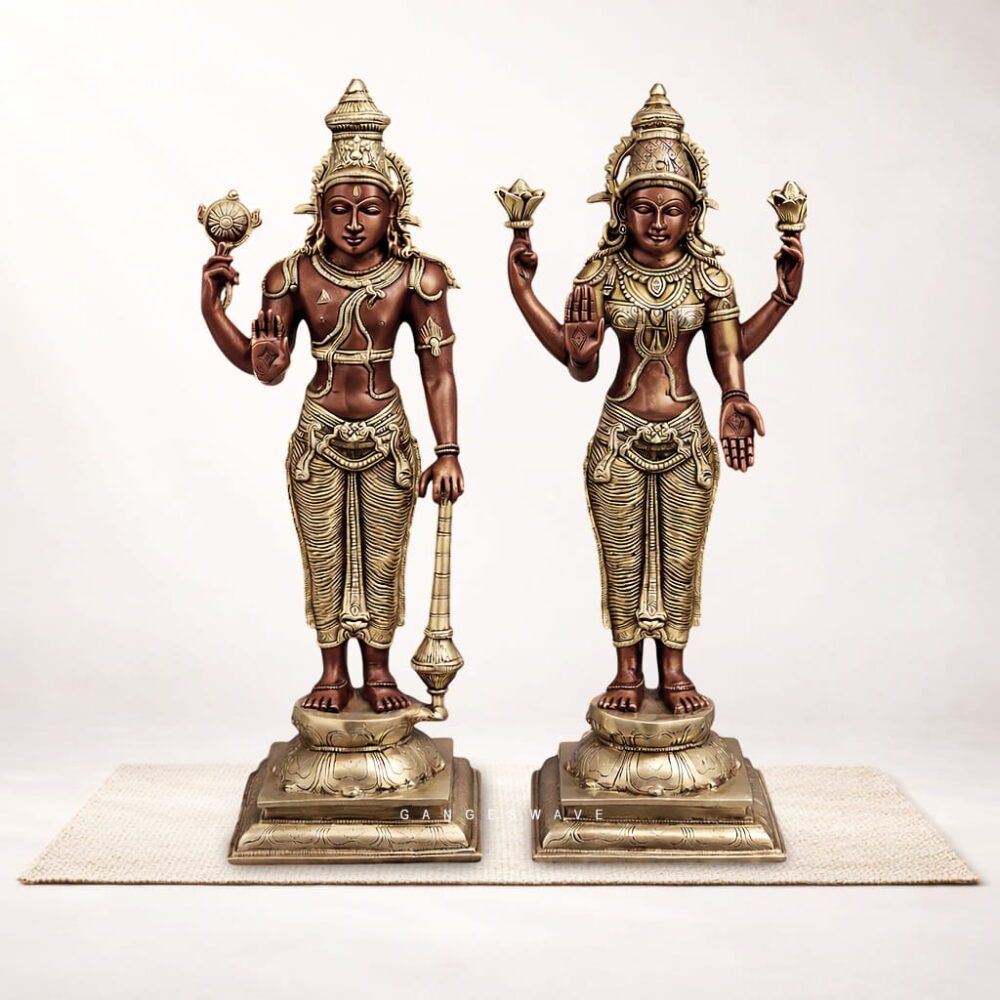 Handcrafted Vishnu Lakshmi brass statue on pedestal with antique finish for home temple and vastu