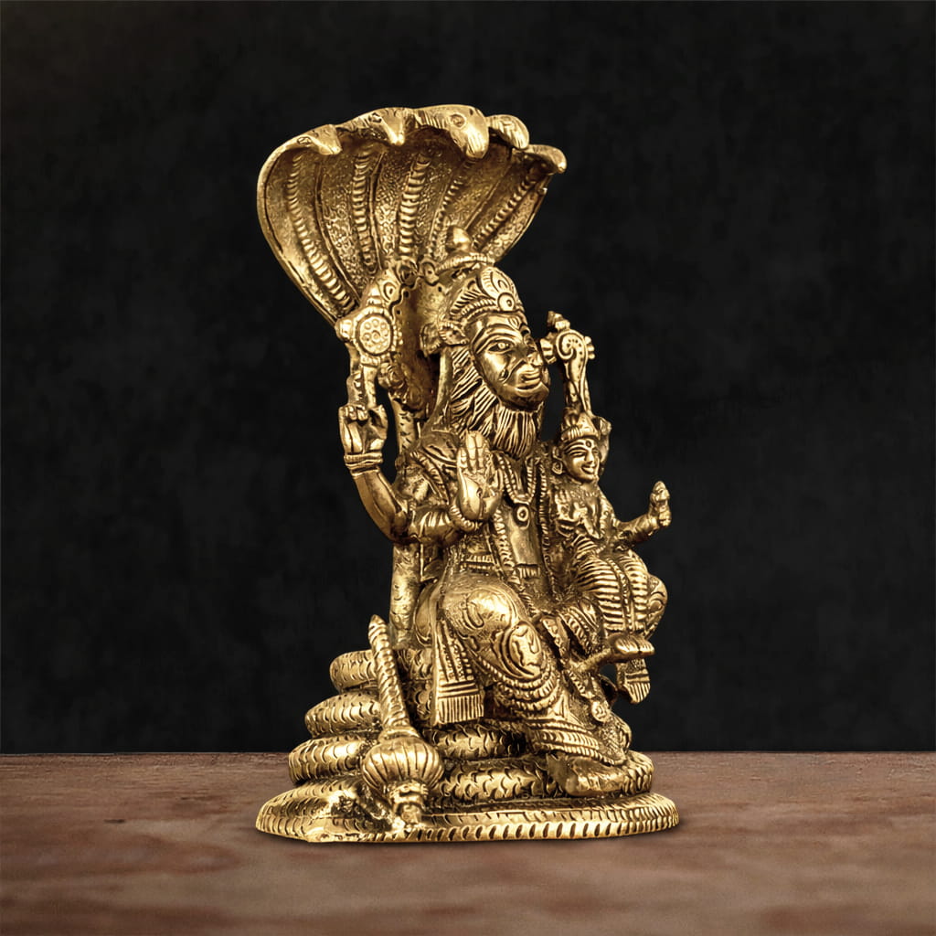 Lakshmi Narasimha Antique Gold Brass Statue - 8 inches - Image 2