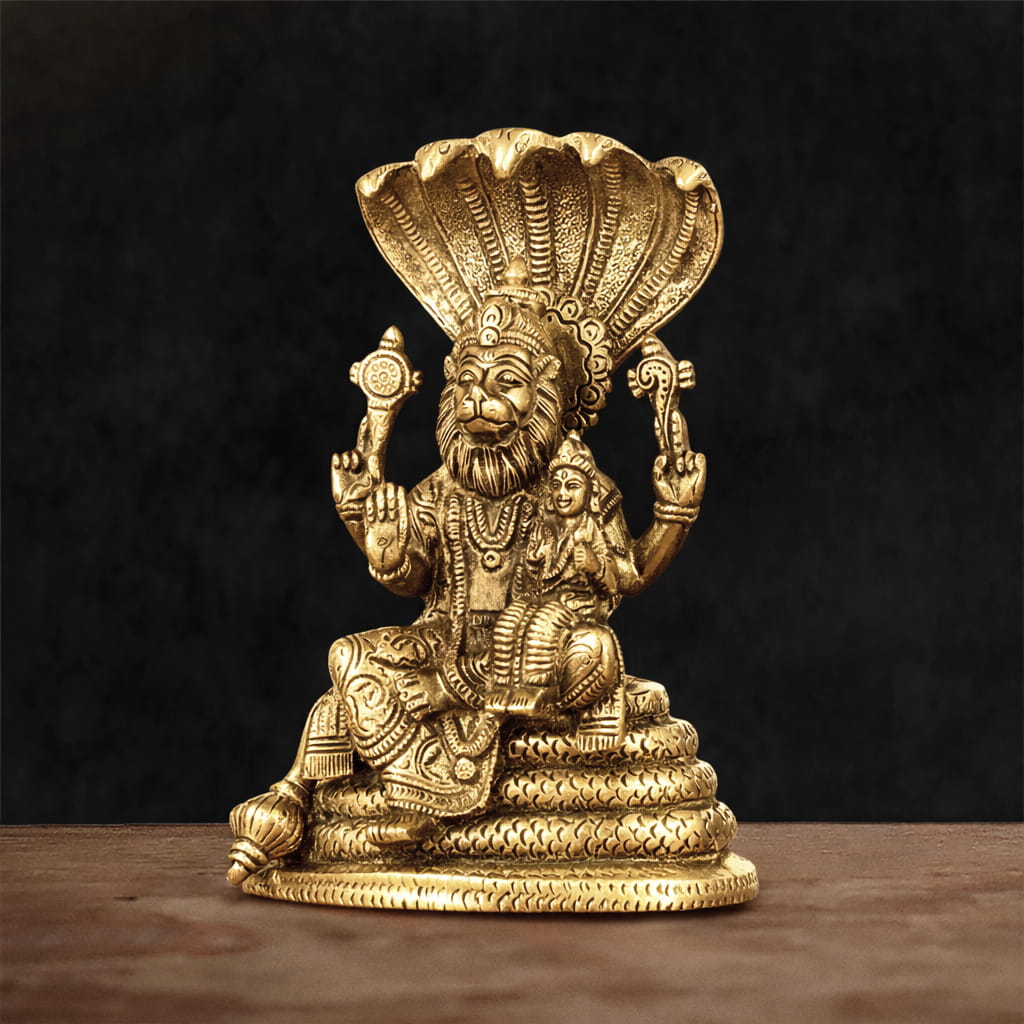 Lakshmi Narasimha Antique Gold Brass Statue - 8 inches - Image 3