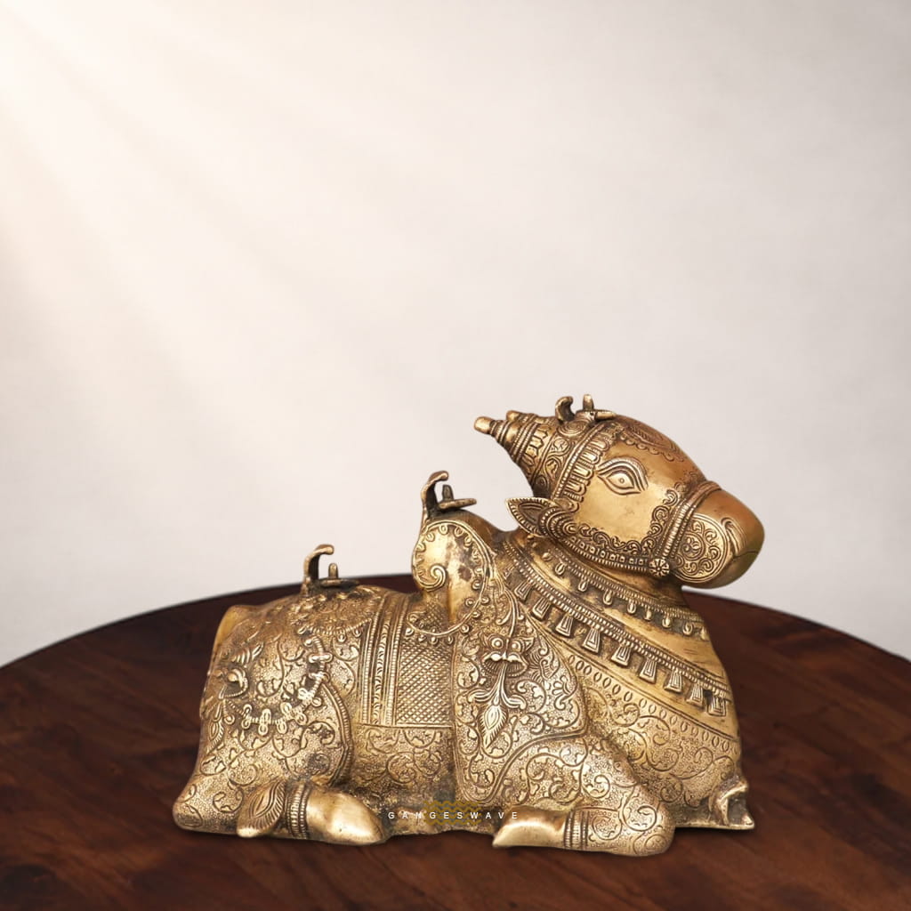 Intricately Engraved Brass Nandi in Antique Finish - 8 inches - Image 2