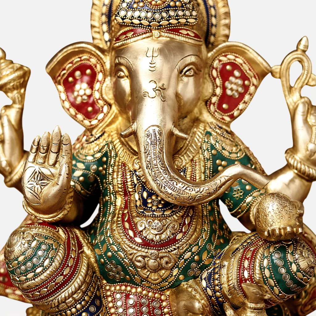 Premium Handcrafted Brass Lord Ganesha Idol with Intricate Meenakari Work - 13 inches - Image 5