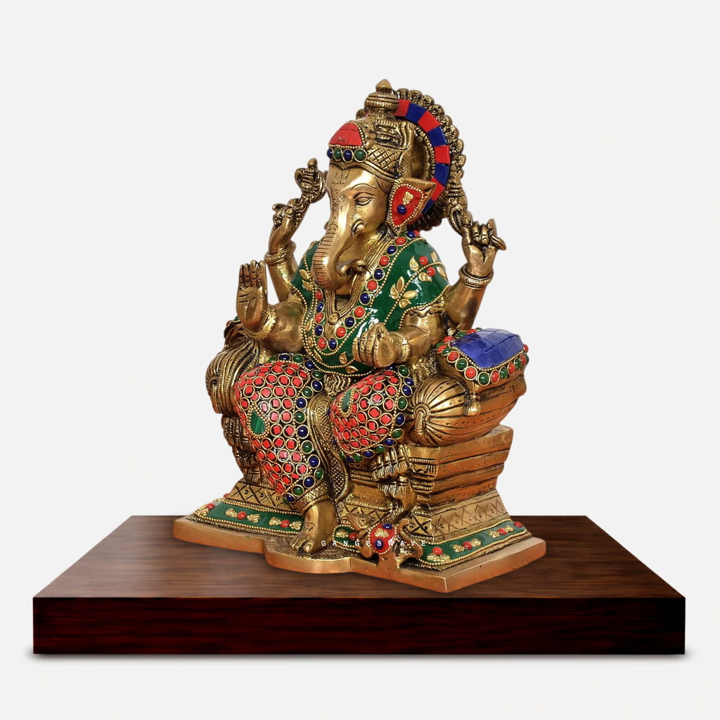 Multicolour Meenakari Brass Lord Ganesha Idol - 10 inches - Image 3