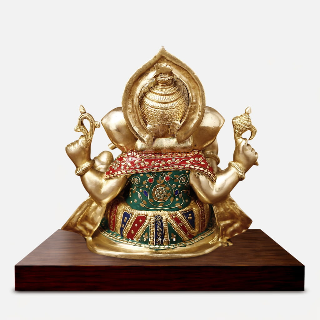 Premium Handcrafted Brass Lord Ganesha Idol with Intricate Meenakari Work - 13 inches - Image 4