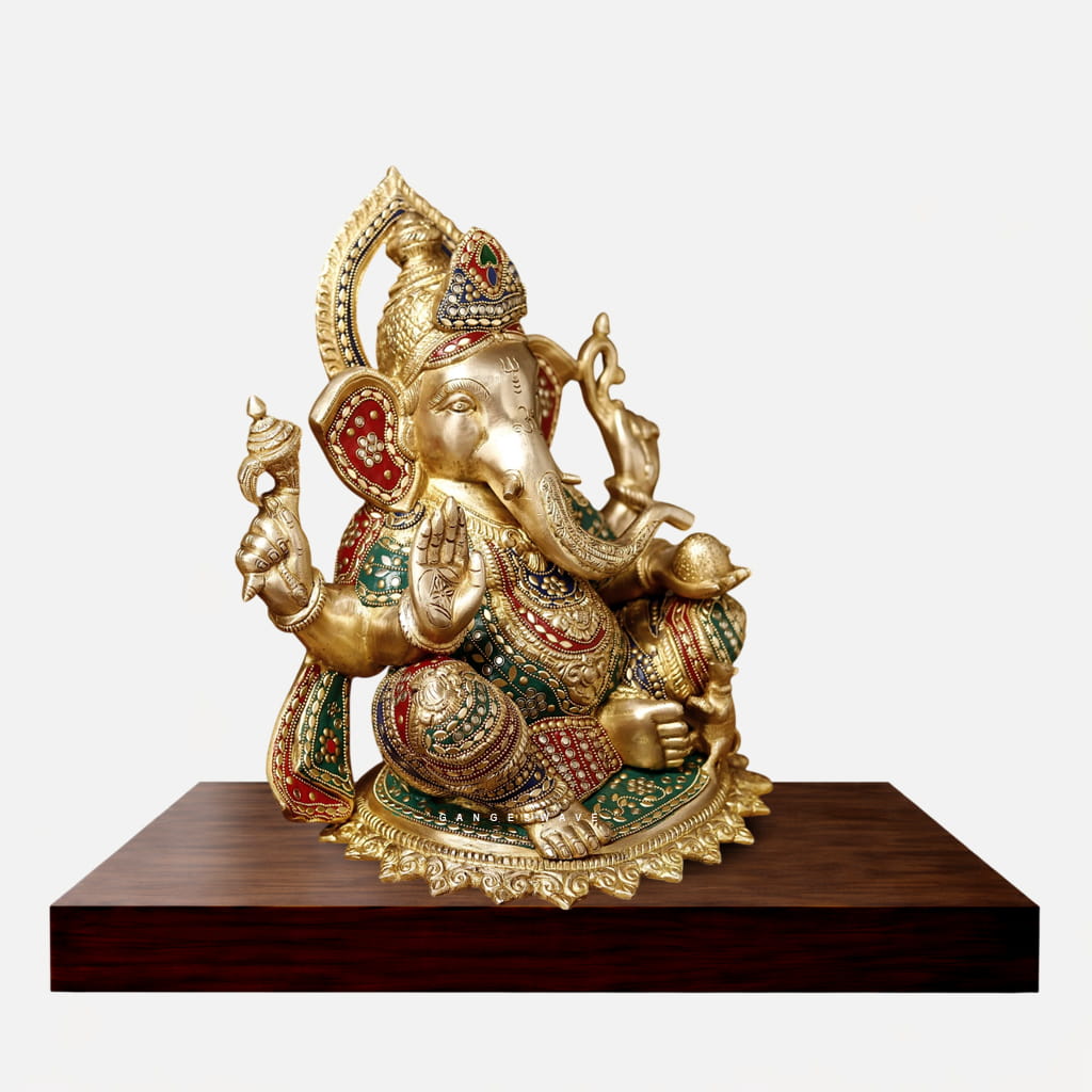 Premium Handcrafted Brass Lord Ganesha Idol with Intricate Meenakari Work - 13 inches - Image 2