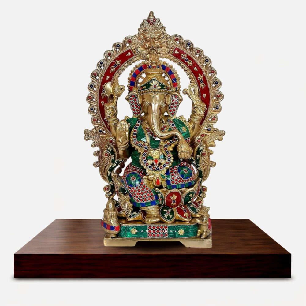 Brass Lord Ganesha Idol with Meenakari Stonework - 17 inches