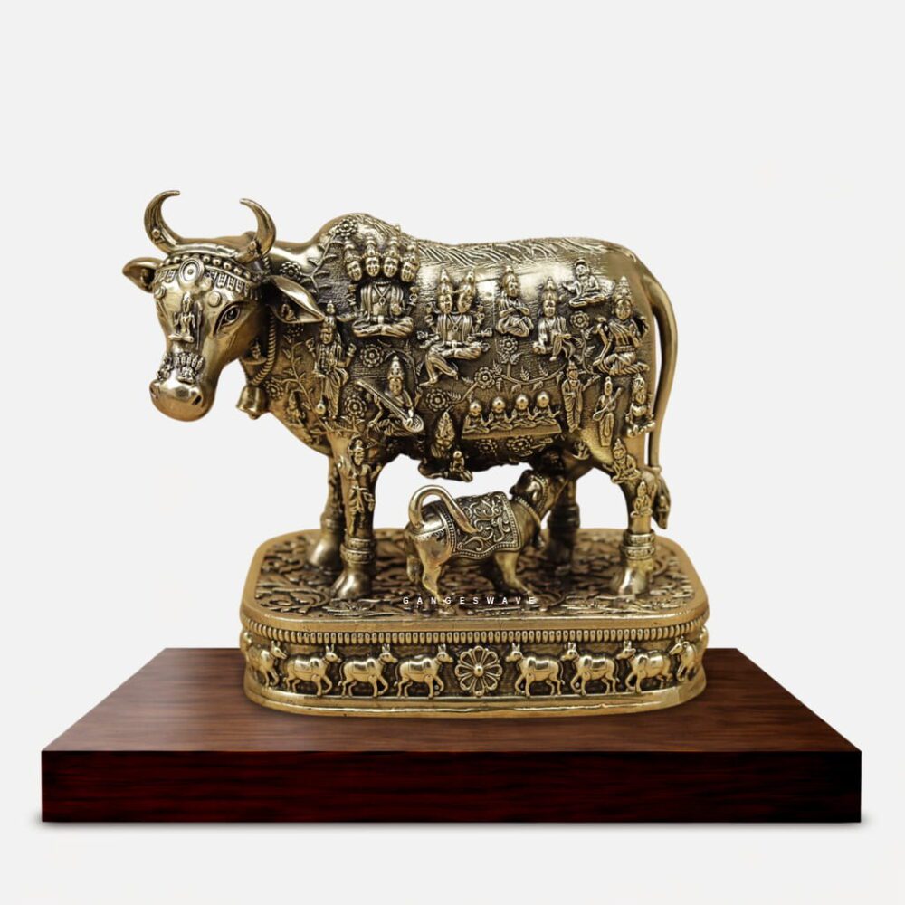 4.5 inches Superfine Brass Kamdhenu Cow with Calf Idol