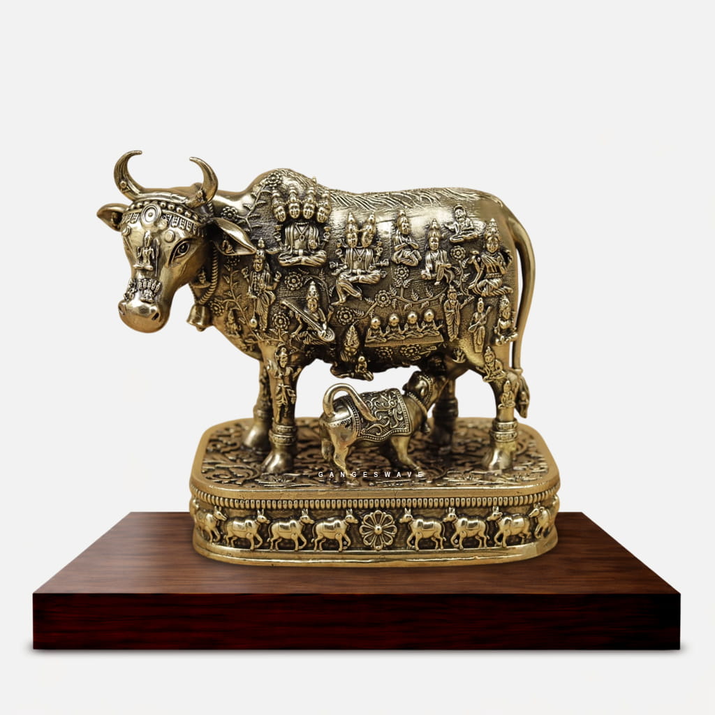 4.5 inches Superfine Brass Kamdhenu Cow with Calf Idol