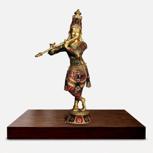 Brass Lord Krishna Murti with Multicolor Stone Inlay - 23 inchces