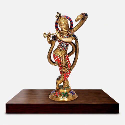 Brass Krishna Kaliya Mardan Statue with Meenakari Work - 15 inches