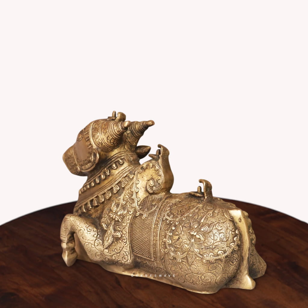 Intricately Engraved Brass Nandi in Antique Finish - 8 inches - Image 7