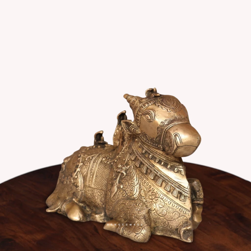 Intricately Engraved Brass Nandi in Antique Finish - 8 inches - Image 5