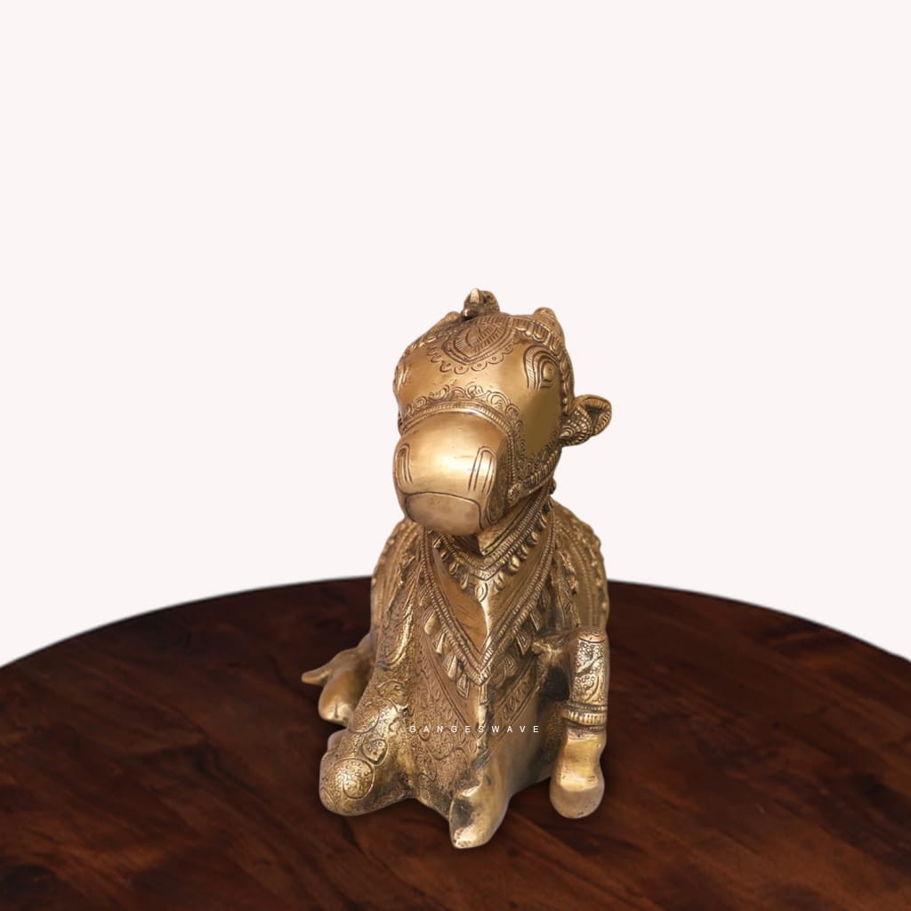 Intricately Engraved Brass Nandi in Antique Finish - 8 inches - Image 6