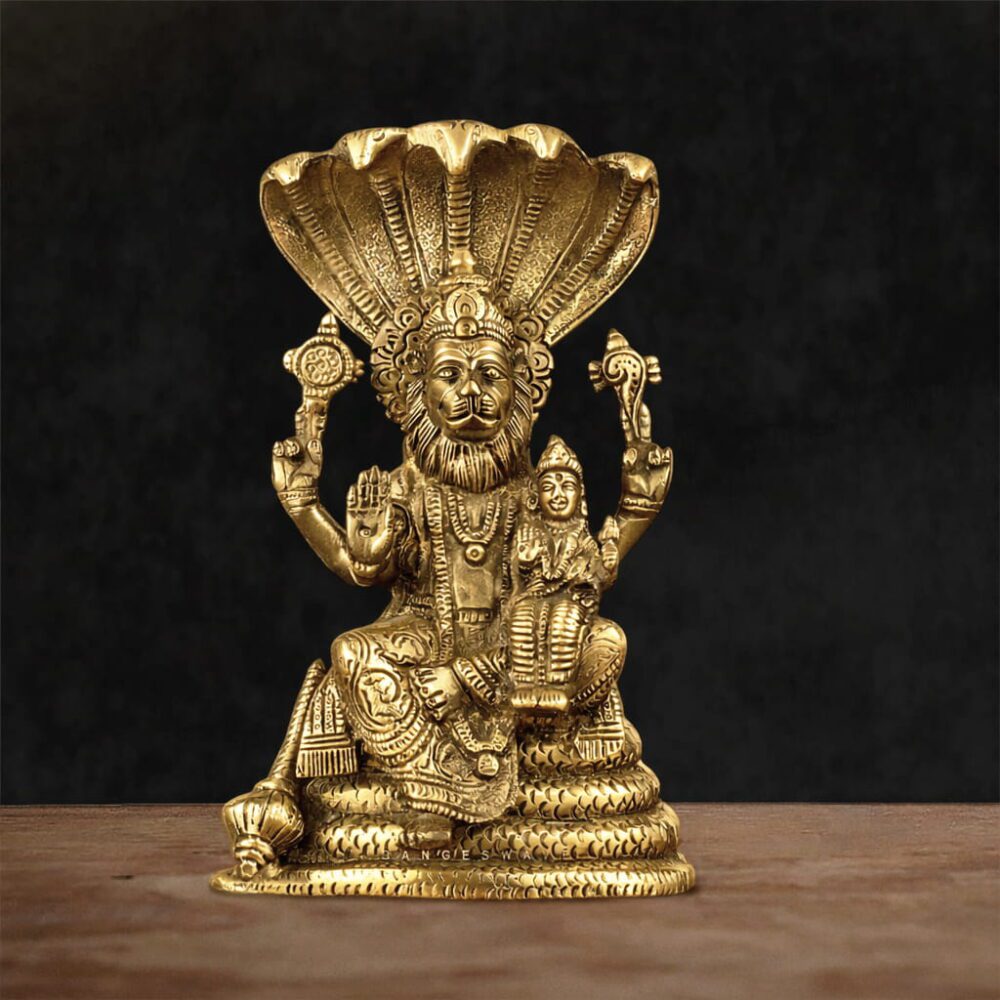 Lakshmi Narasimha Antique Gold Brass Statue - 8 inches