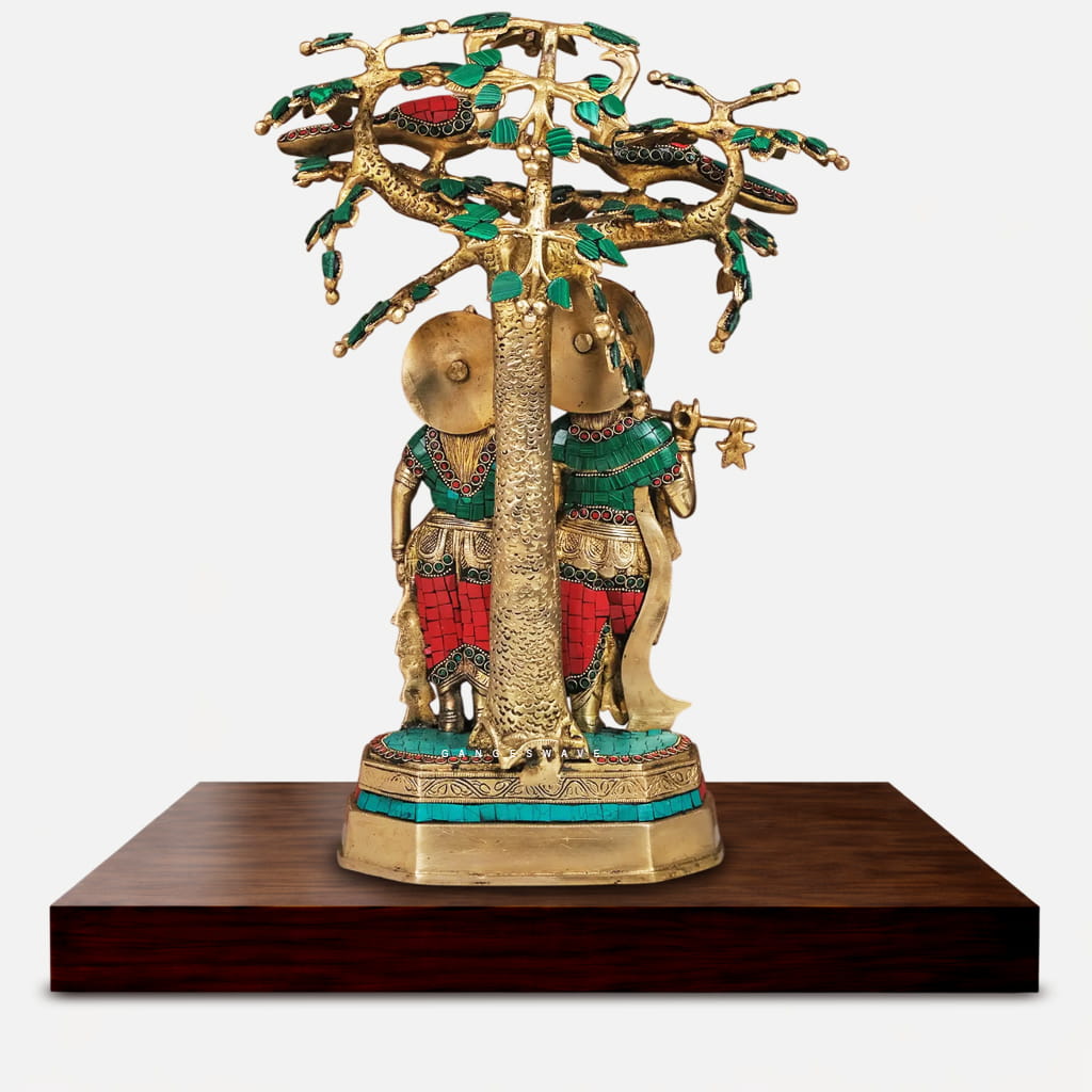 Brass Radha Krishna Statue Under Bodhi Tree Meenakari Work - 19 inches - Image 3