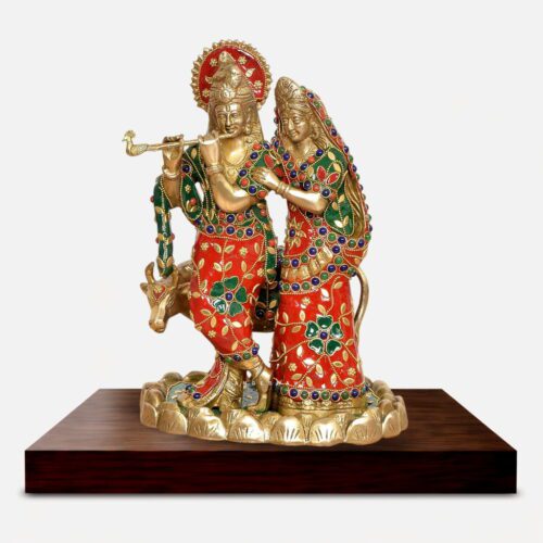 Brass Radha Krishna Idol with Stone Work - 10 inches